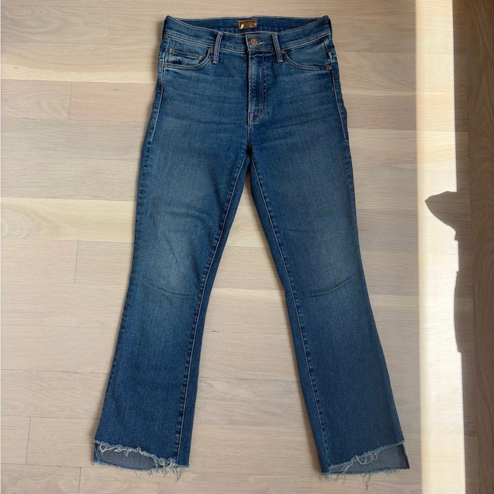 MOTHER Blue Flare Jeans with Frayed Hem